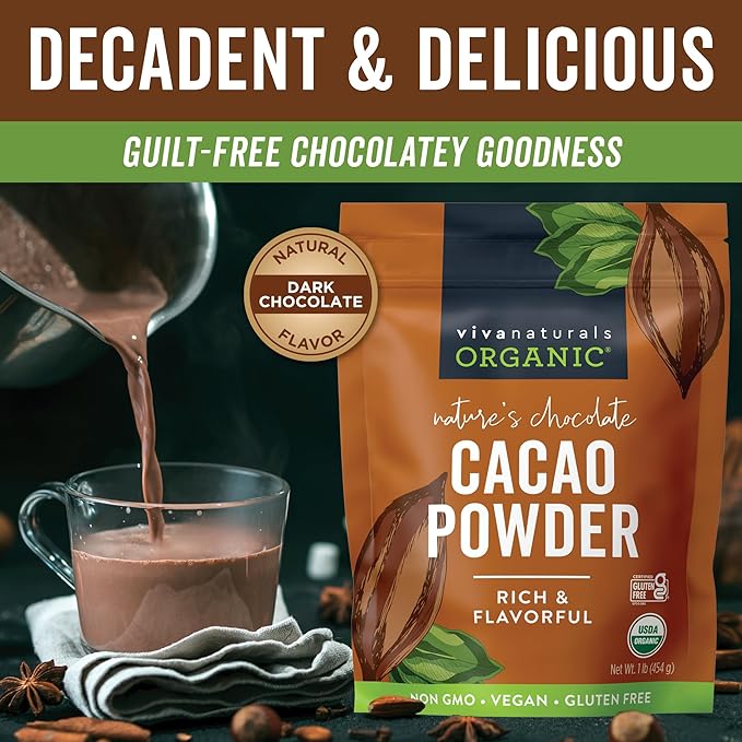 Viva Naturals Organic Cacao Powder, 1lb - Unsweetened Cacao Powder With Rich Dark Chocolate Flavor