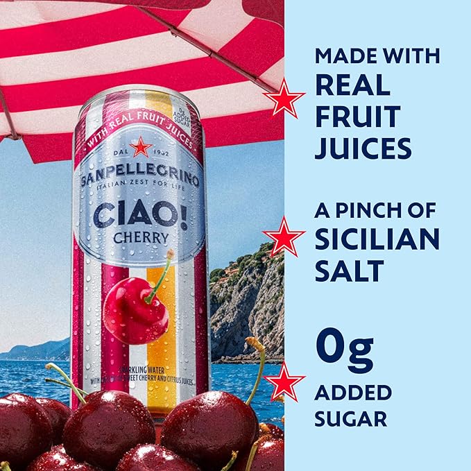 Sanpellegrino CIAO Cherry Sparkling Water, Low-Calorie Italian Sparkling Water with Real Fruit