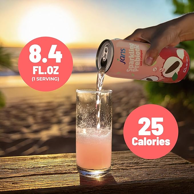 Jans Sparkling Prebiotic with Collagen Soda Beverage ??Lychee 8.4 Fl Oz (6-Pack) ??Low Calorie, NO
