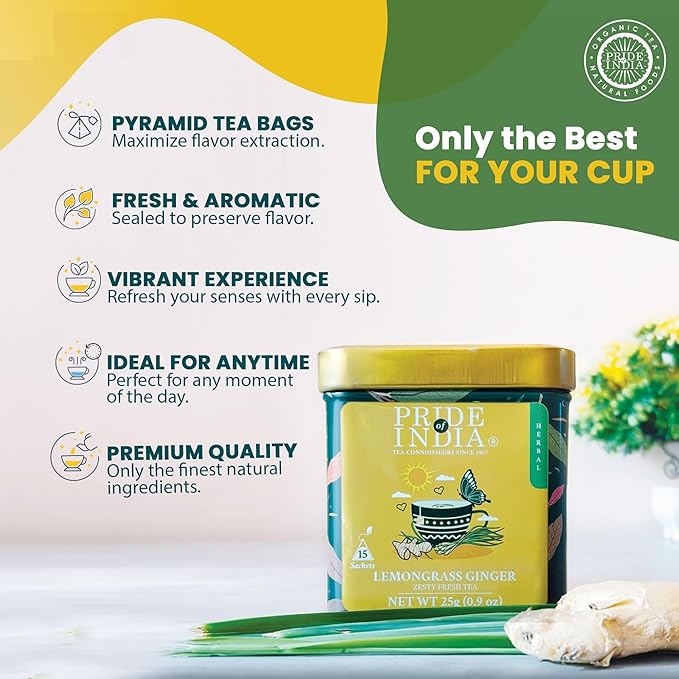 Pride of India | PACK of 6 - Lemongrass Ginger Zesty Fresh Tea | 15 Pyramid Full Leaf Individually