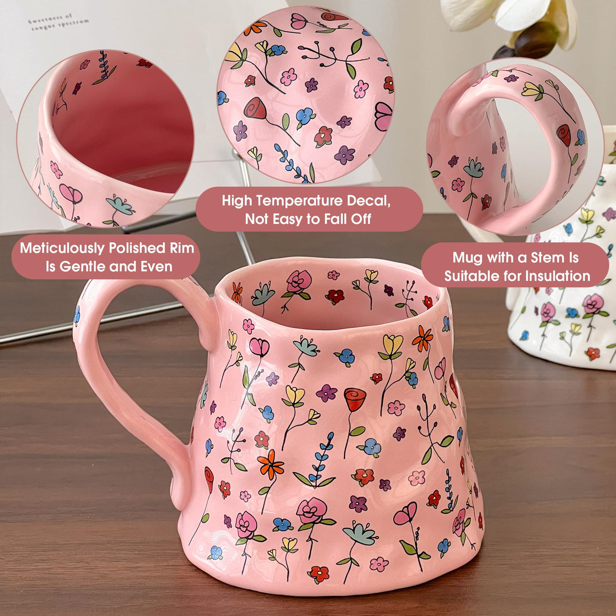 Large Ceramic Coffee Mug Cute Flower with Handmade Big Handle, 20oz Girly Pink Floral Tea Cup for