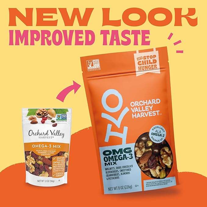 Orchard Valley Harvest OMG Omega-3 Mix, 14 pack (2 oz), Walnuts, Dark Chocolate Blueberries