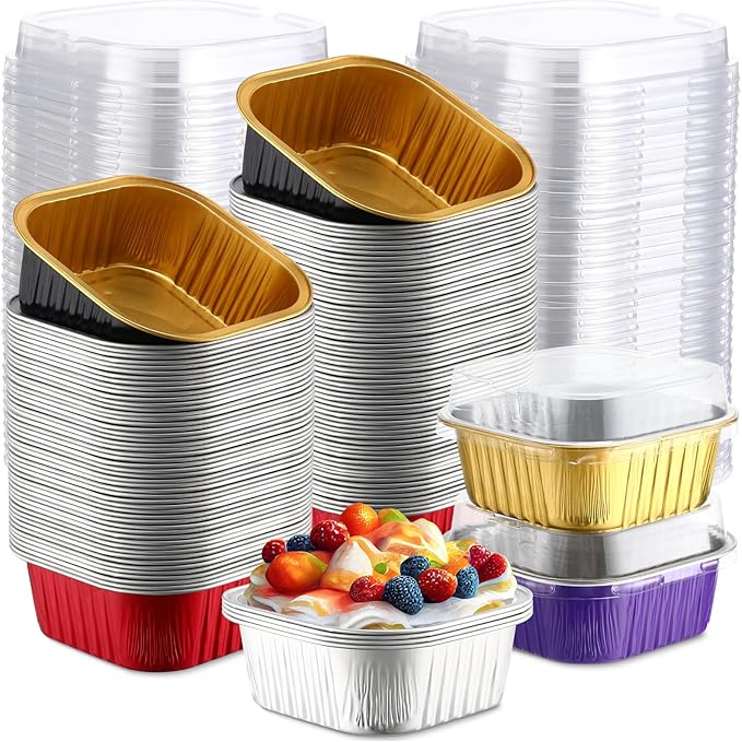 Aoriher 300 Pieces 10 oz Mini Cake Pans with Lids, Aluminum Foil Baking Cups, Square Disposable