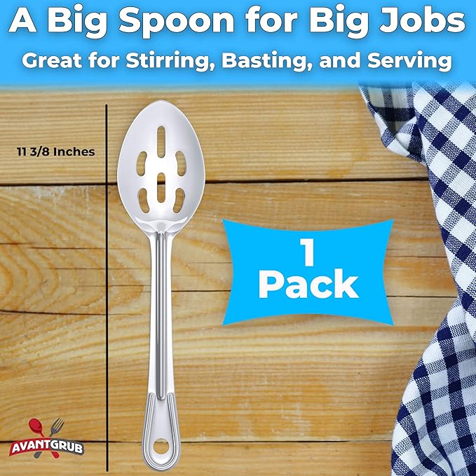 Super Strong, Ergonomic 11 in Serving Spoon 1 Pk. Big, Slotted Stainless Steel Spoons for Cooking