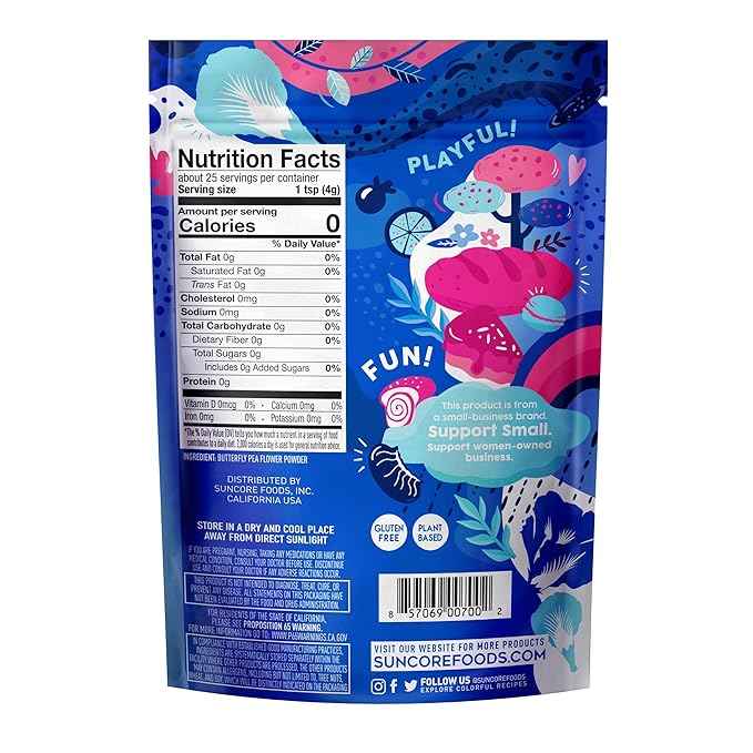 Suncore Foods Blue Butterfly Pea Powder, Blue Food Coloring Powder, Gluten-Free, Non-GMO, 3.5oz (1