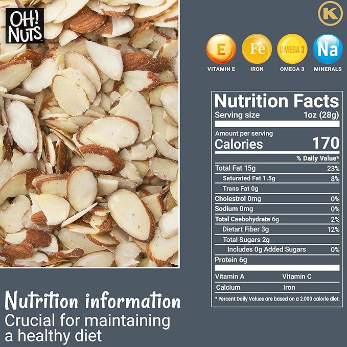 Oh! Nuts Raw Natural Sliced Almonds - 100% Natural - Sliced Almonds - 1.5 lb - Almonds Raw - Packed