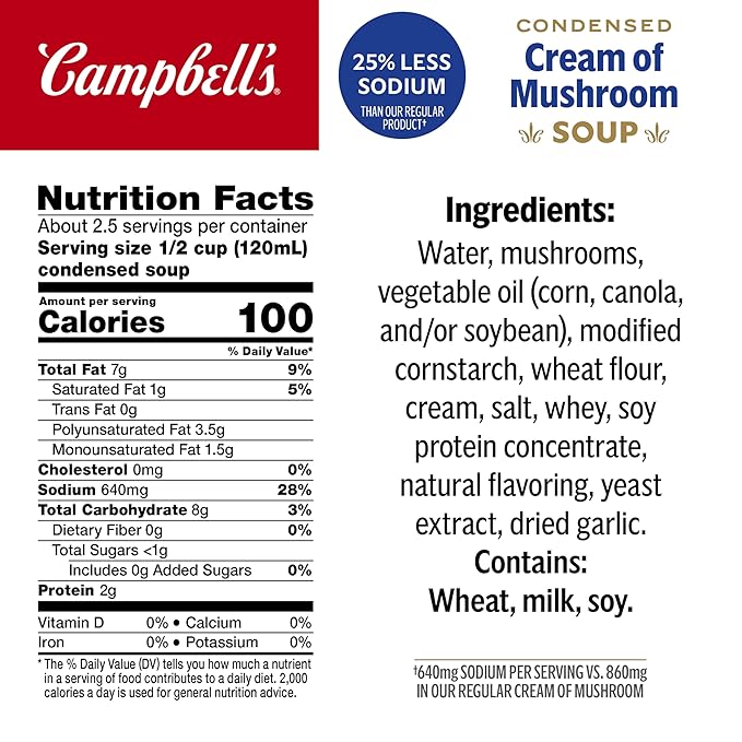 Campbell's Condensed 25% Less Sodium Cream of Mushroom Soup, 10.5 oz Can (12 Pack)