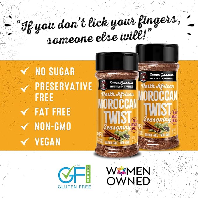 Sauce Goddess Moroccan Twist Spice Shaker (2-Pack) - Exotic Blend of Cardamom, Cinnamon, and More.