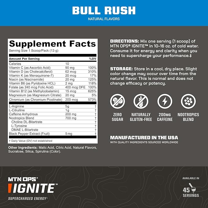 MTN OPS Ignite Energy Drink Powder, Gluten Free Nootropic Supplement Drink Mix, L Arginine, L