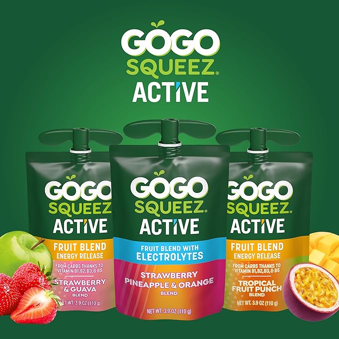GoGo squeeZ Active Fruit Blend Energy Release | 18-Count Variety Pack | Tropical Fruit Punch and