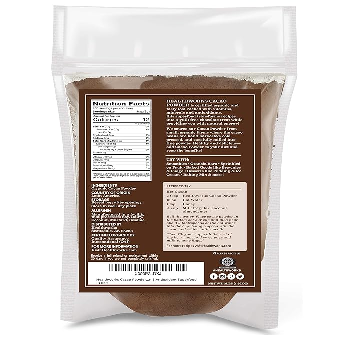 Healthworks Superfoods Organic Cacao Powder - 48 Oz / 3 Lb - Cocoa Chocolate Substitute - Rich