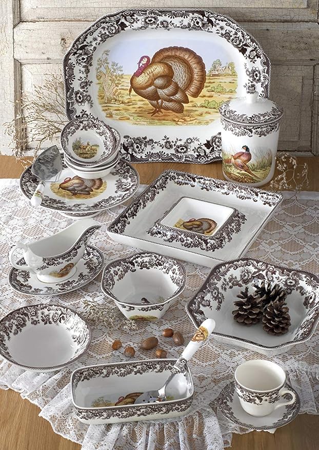 Spode Woodland Cranberry Dish with Slotted Spoon - Featuring Turkey Motif & British Flower Border