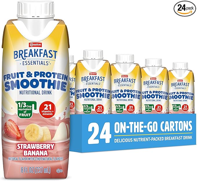 Carnation Breakfast Essentials Fruit and Protein Smoothie Nutritional Drink, Strawberry Banana, 24