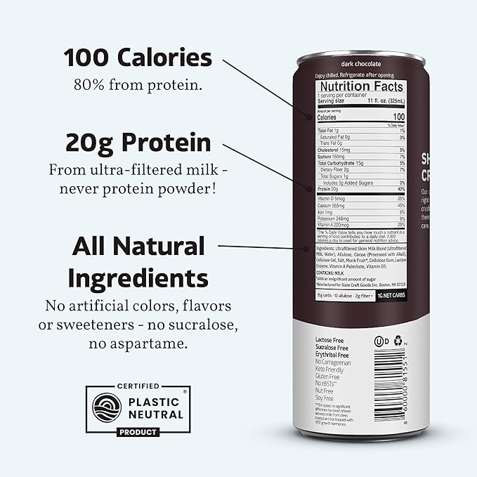 Slate Milk - High Protein Milk Shake - Dark Chocolate - Lactose Free, 20g Protein, 1g Sugar, 100