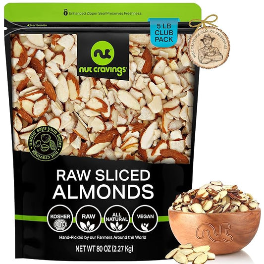 NUT CRAVINGS - Natural Sliced Almonds - Raw, (80oz - 5 LB) Packed Fresh in Resealable Bag - Nut