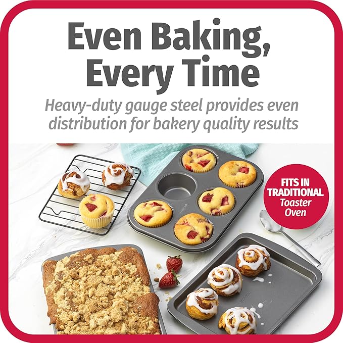 GoodCook 4-Piece Nonstick Steel Toaster Oven Set with Sheet Pan, Rack, Cake Pan, and Muffin Pan