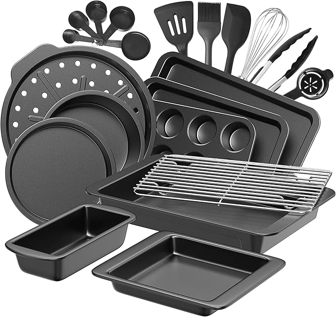 HONGBAKE Bakeware Sets, Baking Pans Set with Kitchen Utensils, Nonstick Oven Pan with Wider Grips
