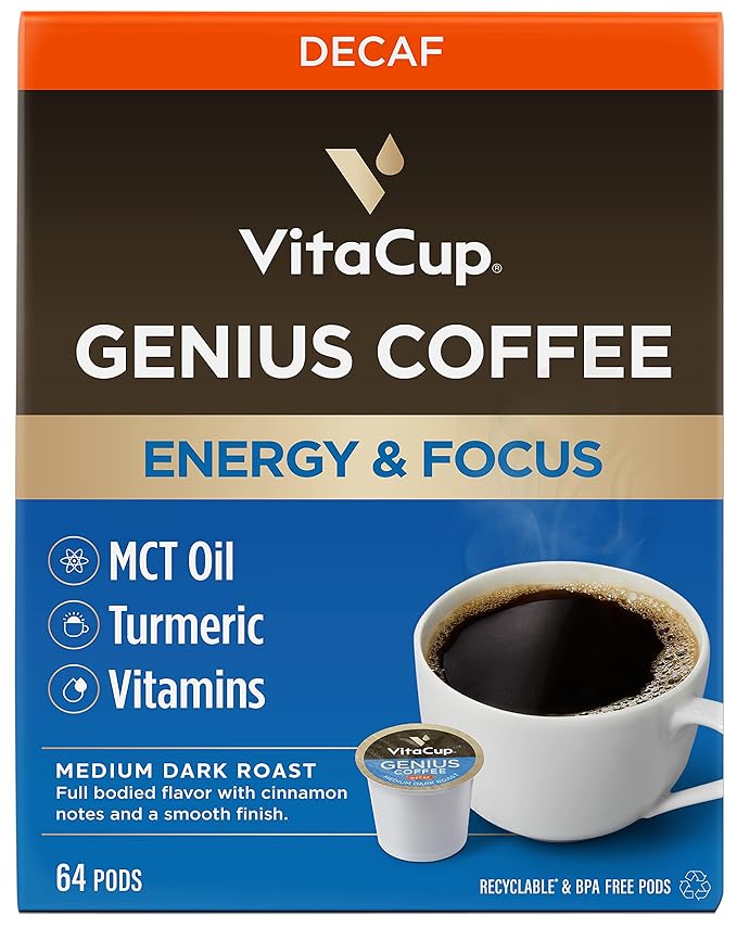 VitaCup Decaf Genius Keto Coffee Pods with MCT Oil, Turmeric, and Vitamins B1, B5, B6, B9, B12, D3