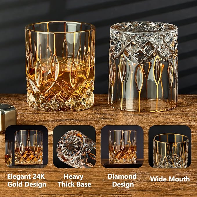 Gold Rim Whiskey Glasses Set of 2,Crystal Old Fashioned Glasses-Luxury Gold Collection,Perfect for