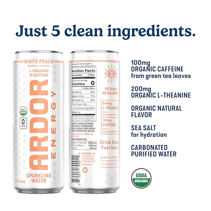 ARDOR ENERGY Sparkling Water with 100mg Natural Caffeine & 200mg L-Theanine from Organic Green Tea