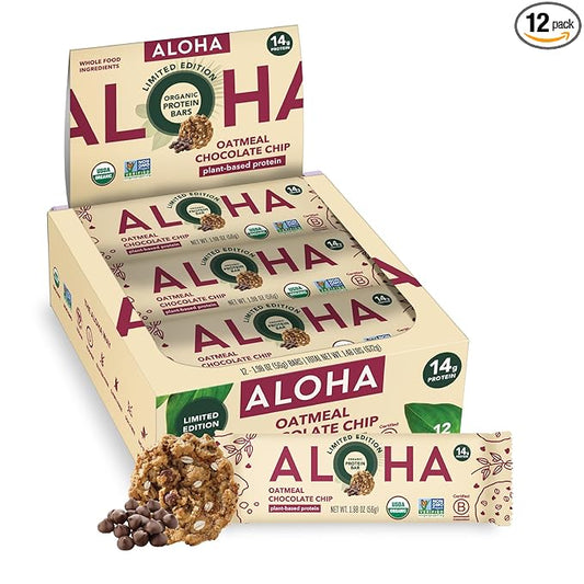 ALOHA Organic Plant Based Protein Bars - Oatmeal Chocolate Chip - 12 Count, 1.9oz Bars - Vegan