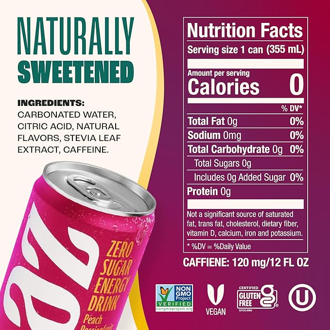 Zevia Zero Sugar Energy Drink, Peach Passionfruit, 12 oz Cans (12-Pack) – Naturally Sweetened