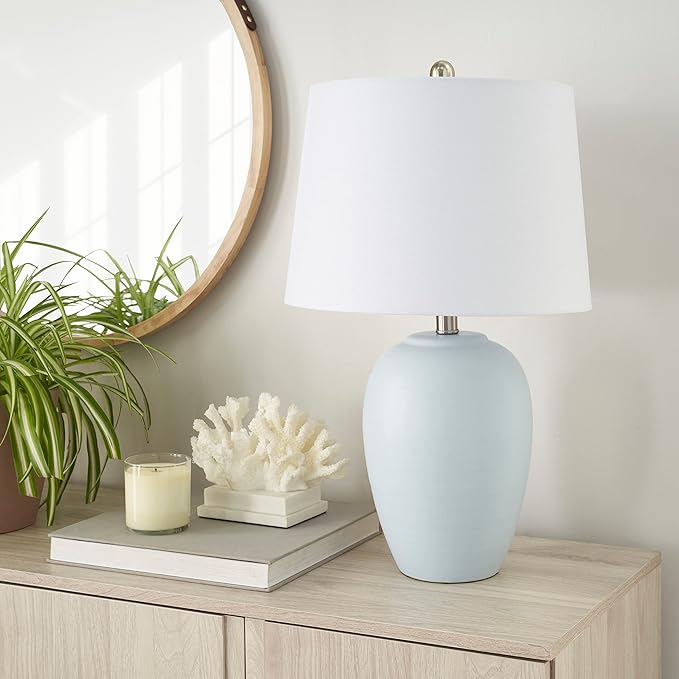 Nourison Home 23" Coastal Blue Ceramic Pot Table Lamp for Bedroom, Living Room, Dining Entryway