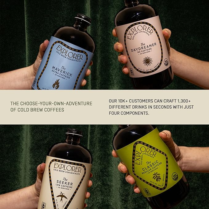Explorer Cold Brew Organic Liquid Coffee Concentrate, Classic Regular Caffeine, Drink Iced or Hot