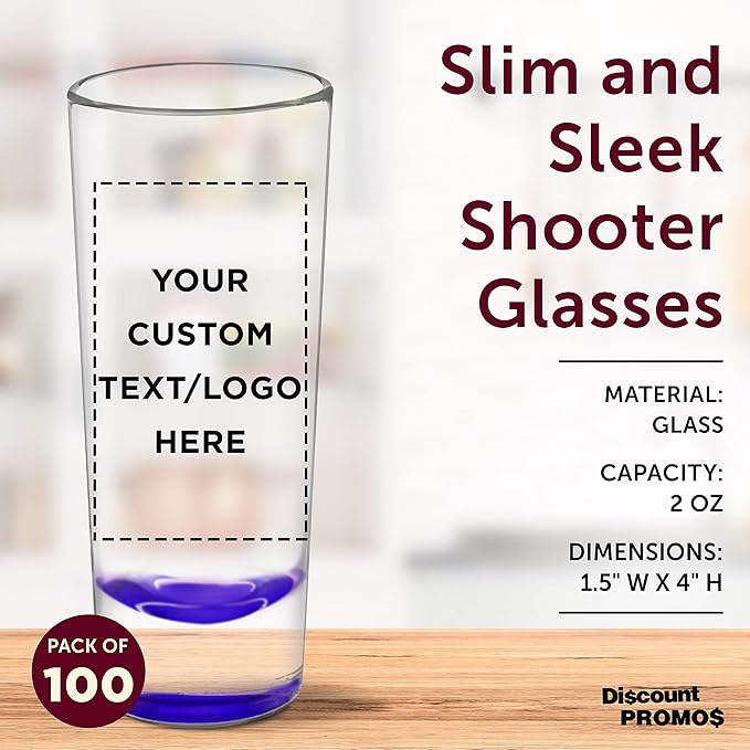 Custom Cordial Shooter Shot Glasses 2 oz. Set of 100, Personalized Bulk Pack - Great for Birthdays