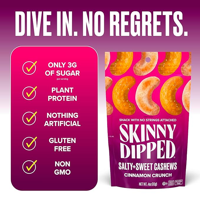 SkinnyDipped Salty + Sweet Cinnamon Crunch Cashew, Healthy Snack, Plant Protein, Gluten Free, 4 oz