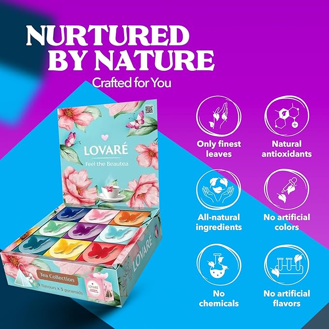 LOVARE Assorted Tea Pyramid Bags 45 Pack - Made in Ukraine - 9 Tastes of Tea Sampler Pyramids