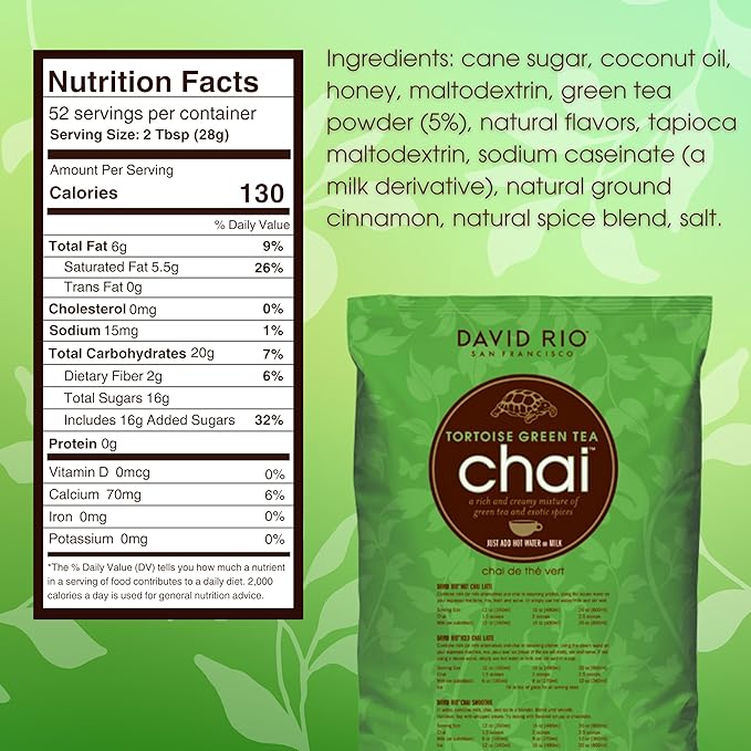 David Rio Tortoise Green Tea Chai Tea Latte Mix, 64 Oz, Green Tea, Organic Spices, Dairy Free