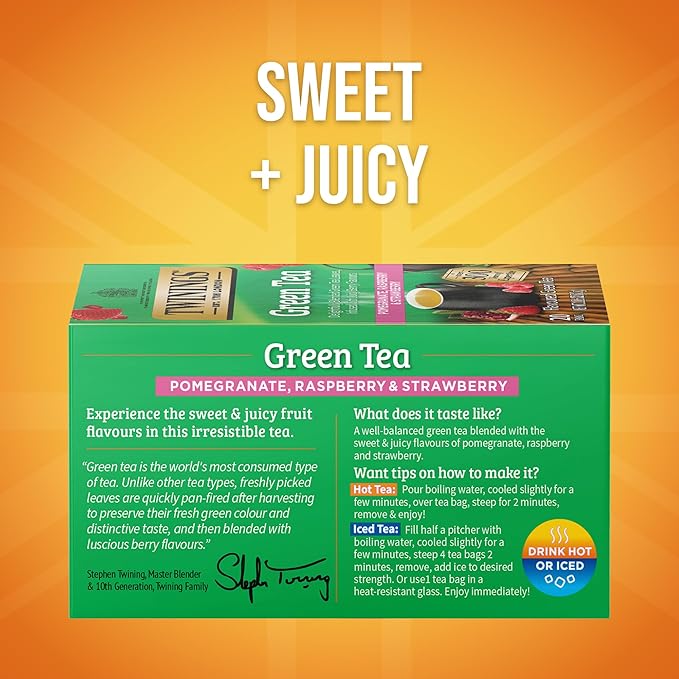Twinings Green Tea with Pomegranate, Raspberry, & Strawberry Individually Wrapped Bags, 20 Count