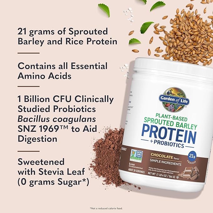 Garden of Life Plant-Based Sprouted Barley Protein, Chocolate with 21g Protein, 0g Sugar & Clean