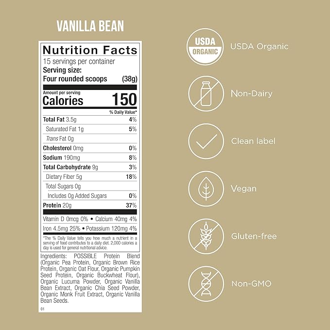 Possible Protein Powder Vanilla Bean - 20g of Vegan, Plant-Based Protein Mix - Non-GMO, Non-Dairy