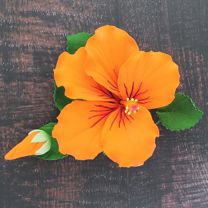 Global Sugar Art Hibiscus Sugar Cake Flowers Spray, Orange Hawaiian Cake Flower Large, 1 Count by