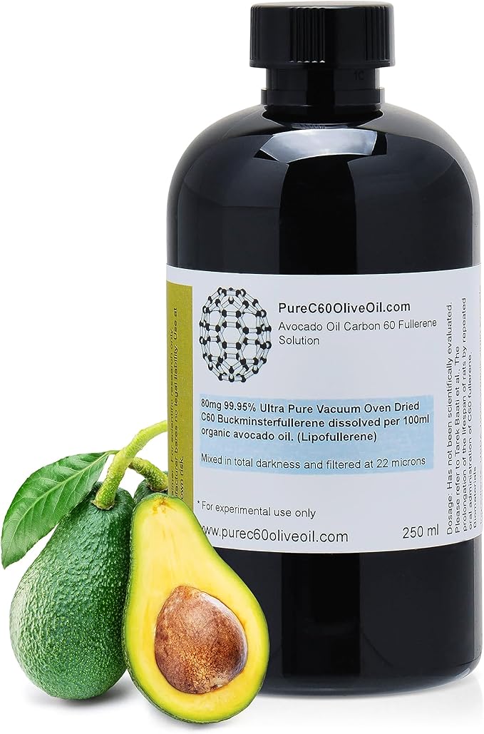 PureC60OliveOil C60 Organic Avocado Oil 250ml / 8.5 Fl Oz - 99.95% Carbon 60 Solvent Free 200mg