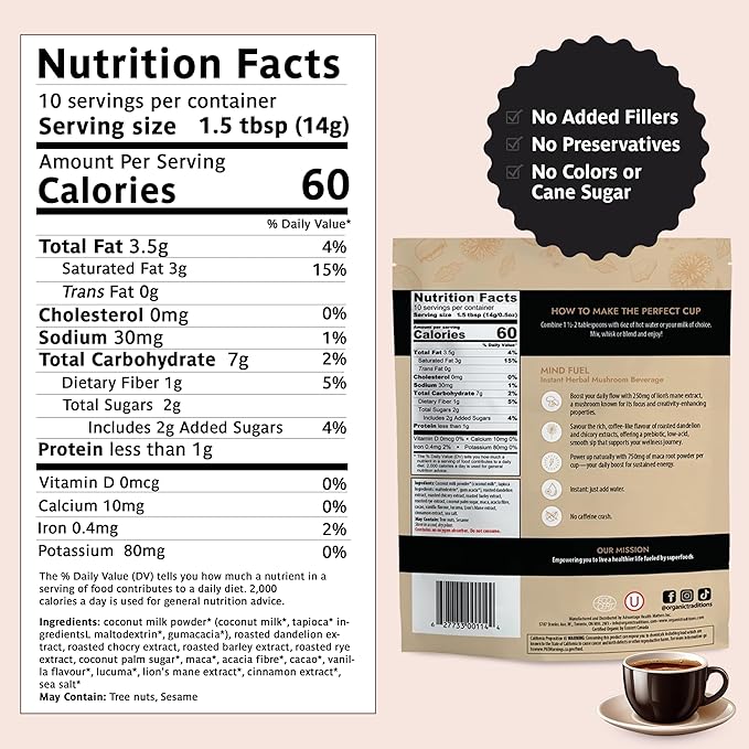 Organic Traditions Mind Fuel Instant Mushroom Coffee Alternative – Caffeine-Free Herbal Mushroom