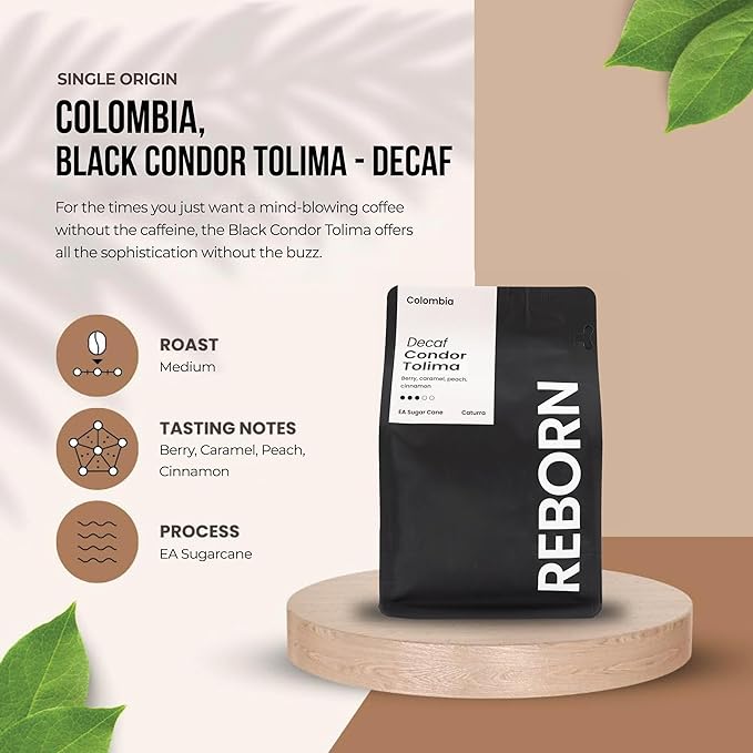 Reborn Coffee Specialty Whole Bean Decaf Coffee, Medium Roast, 12 Ounce, Colombia Condor Tolima