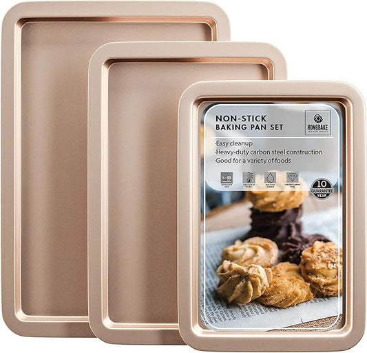 HONGBAKE Cookie Sheets, Baking Sheet Set, Nonstick Oven Pan with Wider Grips, 3 Pack Half/Jelly