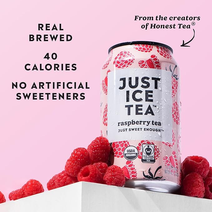 Just Ice Tea, Raspberry Flavored Black Iced Tea, 24-Pack (12oz Cans), USDA Certified Organic, Low