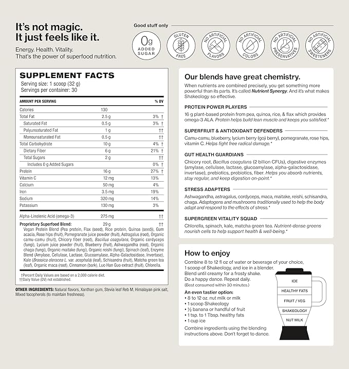 Shakeology 0g Added Sugar Plant Based Protein Powder Blend, Gluten-Free Shake with Vitamins and