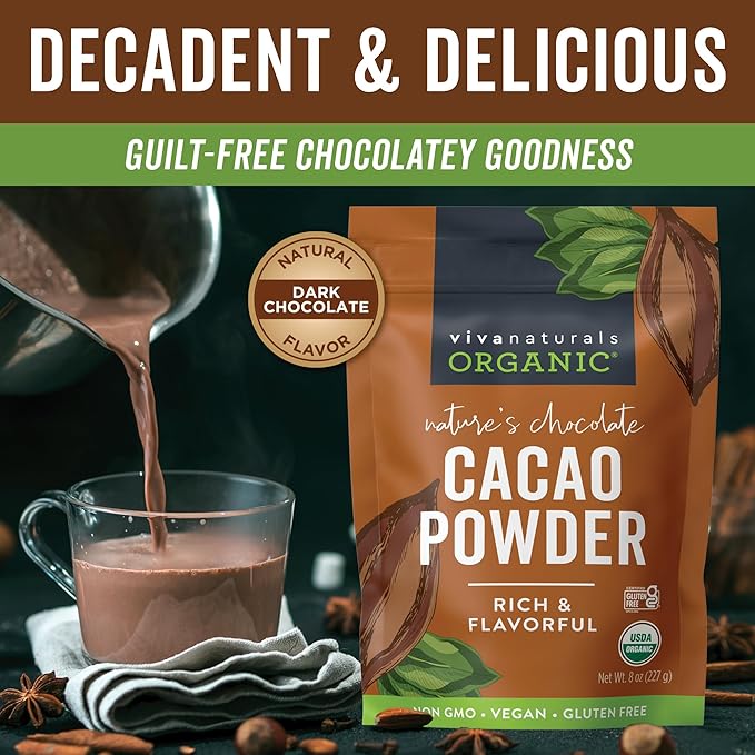 Viva Naturals Organic Cacao Powder, 8 oz - Unsweetened Cocoa Powder With Rich Dark Chocolate