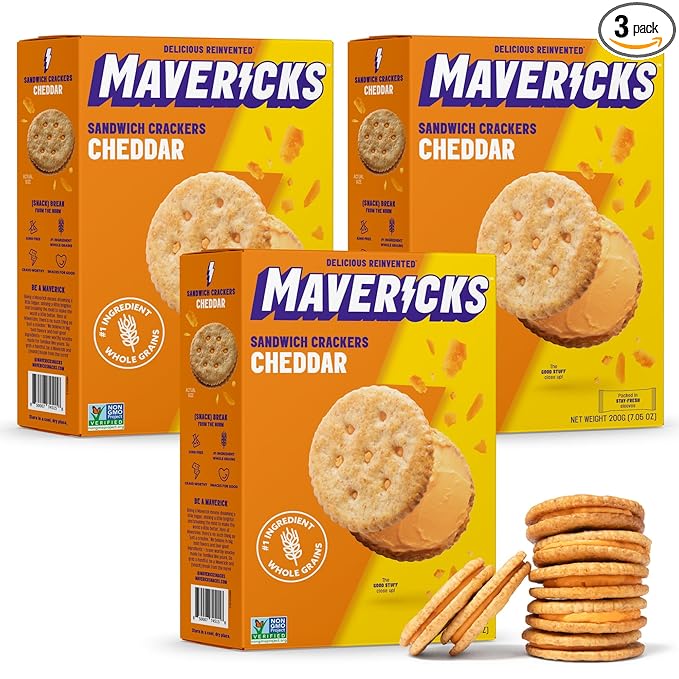 Mavericks Sandwich Crackers Cheddar - Cheese Filled Whole Grain Sandwich Cracker Snack Packs