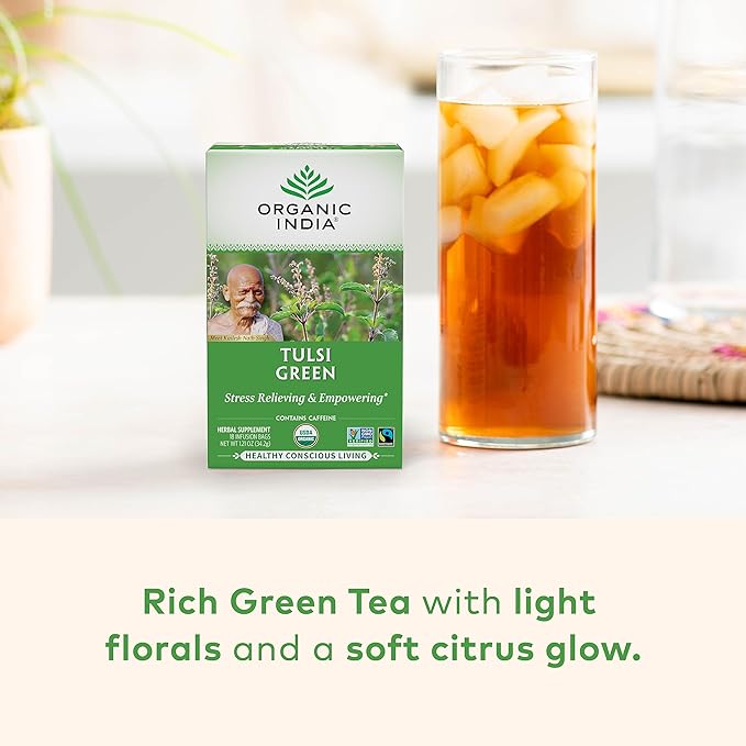 Organic India Tulsi Green Tea Bags - Holy Basil Tea, African Basil, Stress Relieving, Immune