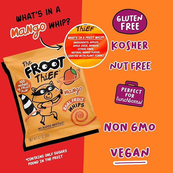 The FROOT Thief Real Fruit Snack Whips, Mango, Nut Free, Perfect for School Lunches and Snacks