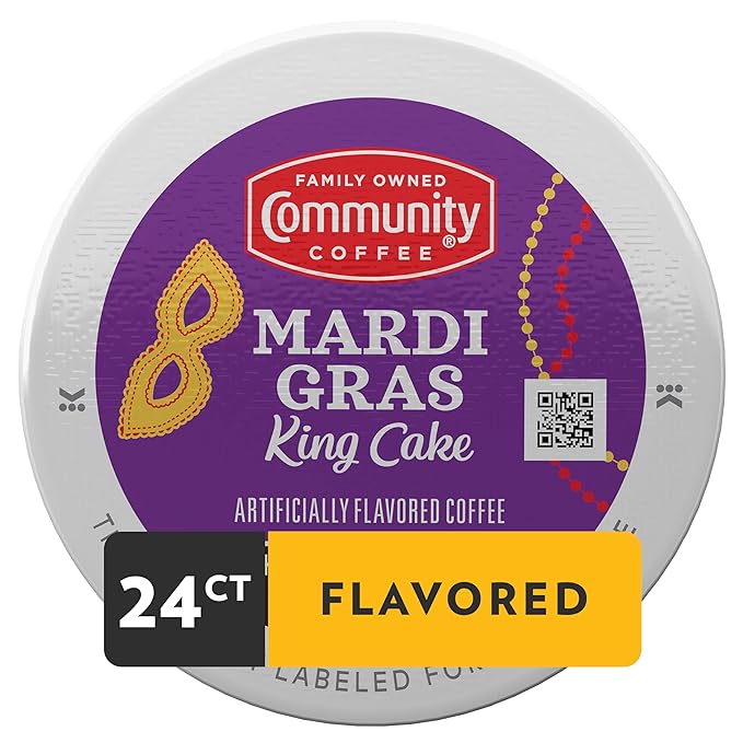 Community Coffee Mardi Gras King Cake Flavored 24 Count Coffee Pods, Medium Roast, Compatible with