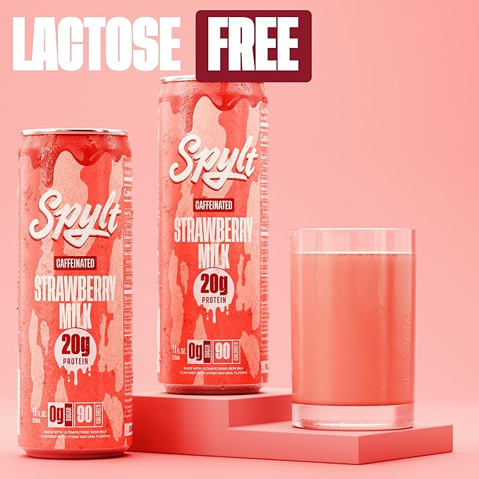 High Protein Strawberry Milk with 60mg Caffeine & 20g Protein - 90 Calories, Ready to Drink, Sugar