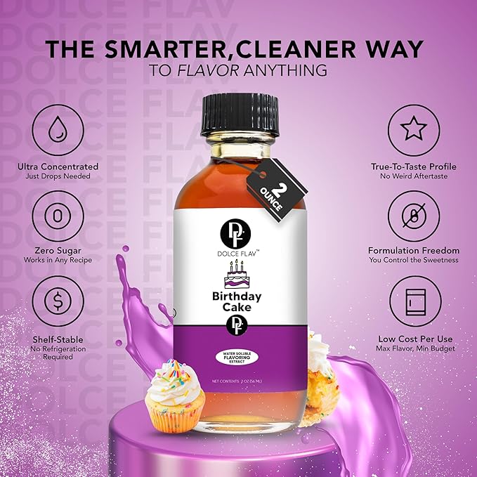Dolce Flav Birthday Cake Extract ??2 Ounce Water-Soluble Kosher, Sugar-Free, Concentrated Festive