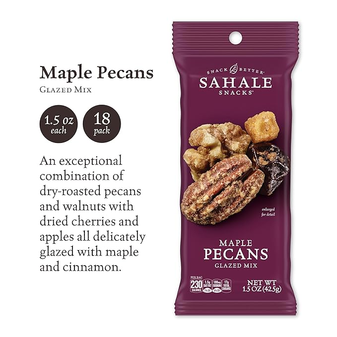 Sahale Snacks Maple Pecans Glazed Mix, 1.5 Oz Grab & Go Bags (18 Packs) Dry-Roasted, Deluxe Mixed